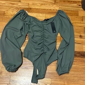 Certified Flirt Sage Green Ruched Long Sleeve Bodysuit